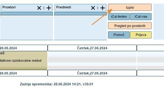 Izpisi button to export the timetable