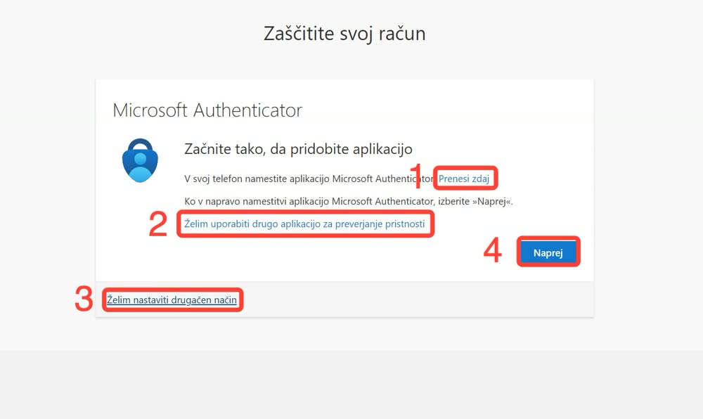 Namestitev aplikacije Microsoft Authenticator