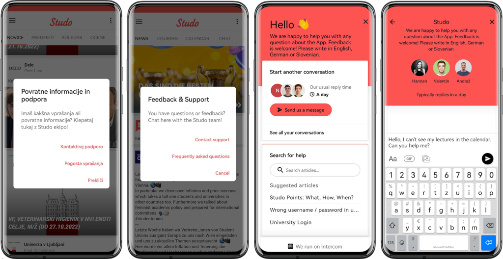 Studo app: support screens – feedback, live chat and help search