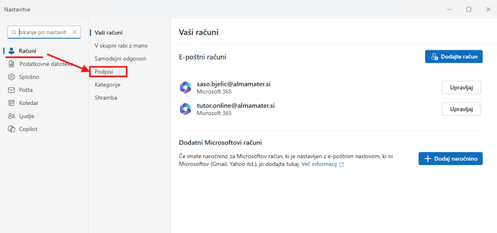 A new window opens, where under the Accounts section you find the Signatures category and click it