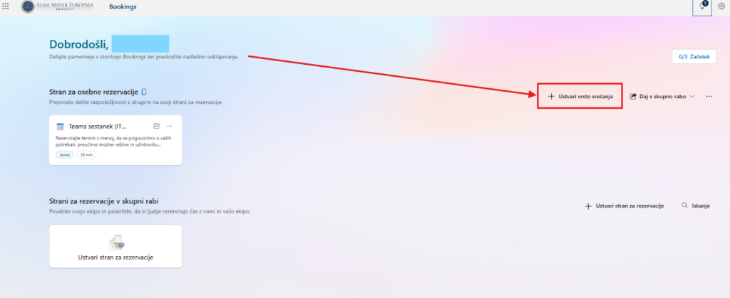 To create a new personal booking, click Create meeting type