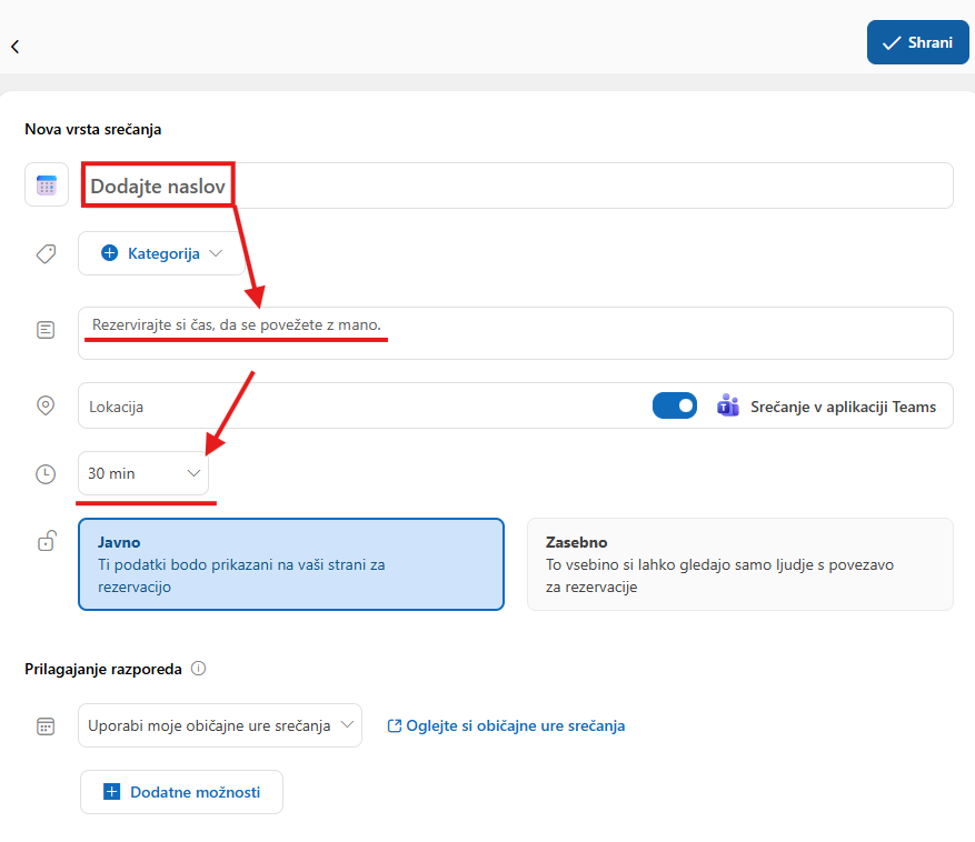 Optionally add a description and set the meeting time, then choose whether you want the selected meeting to be Public or Private