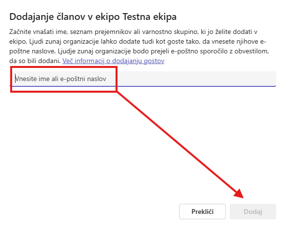 Dodajanje oseb v ekipo