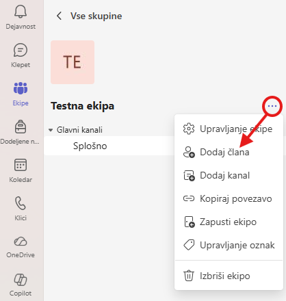Dodajanje oseb v ekipo