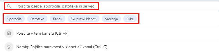 Iskanje sporočil, oseb in datotek