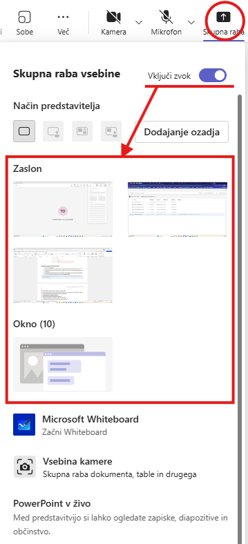 Deljenje zaslona ali predstavitve