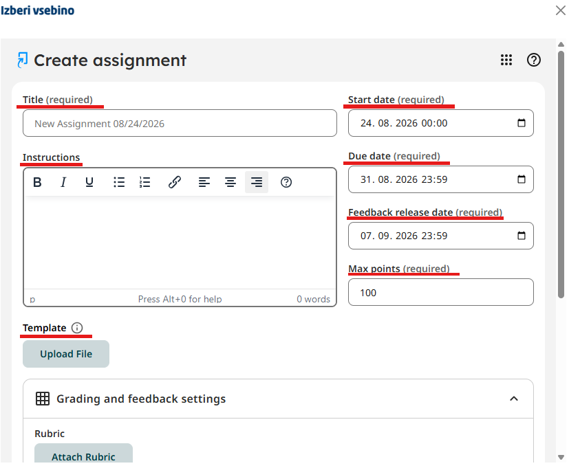 Form with the basic details of a new Standard Assignment