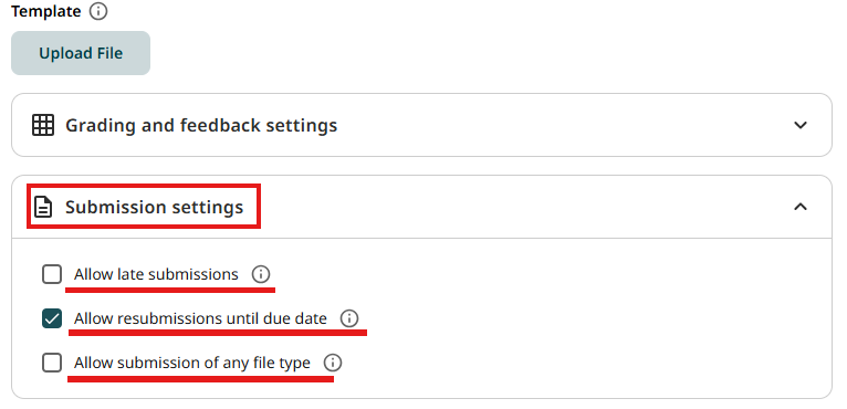 Submission settings: late submissions, resubmissions and unsupported file types