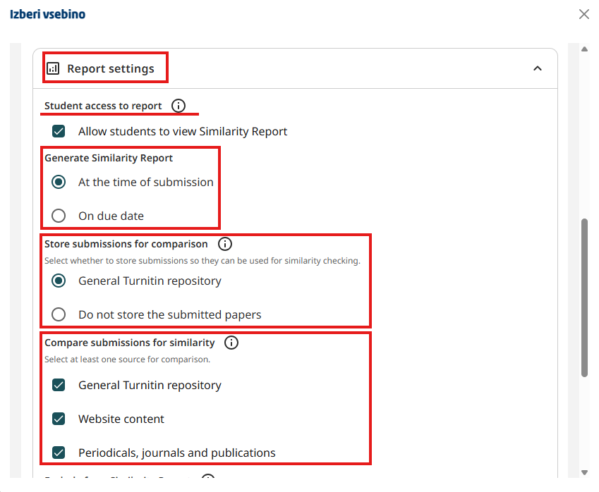Settings for storing submissions, comparison sources and report access