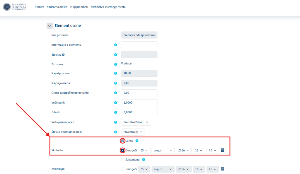 Hidden and Hidden until checkboxes in the grade item settings