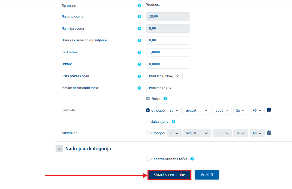 Save changes button in the grade item settings