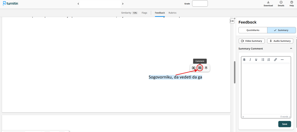 Selected part of the text with an open comment field