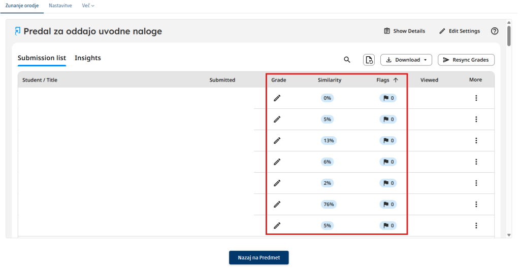 Assignment inbox with students, submission dates and similarity scores