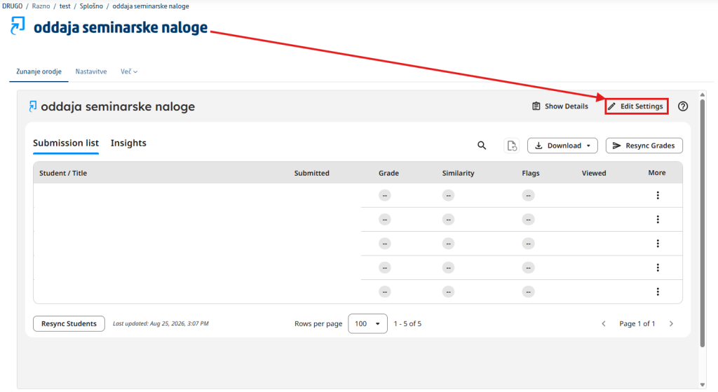 Settings edit icon in the Turnitin interface