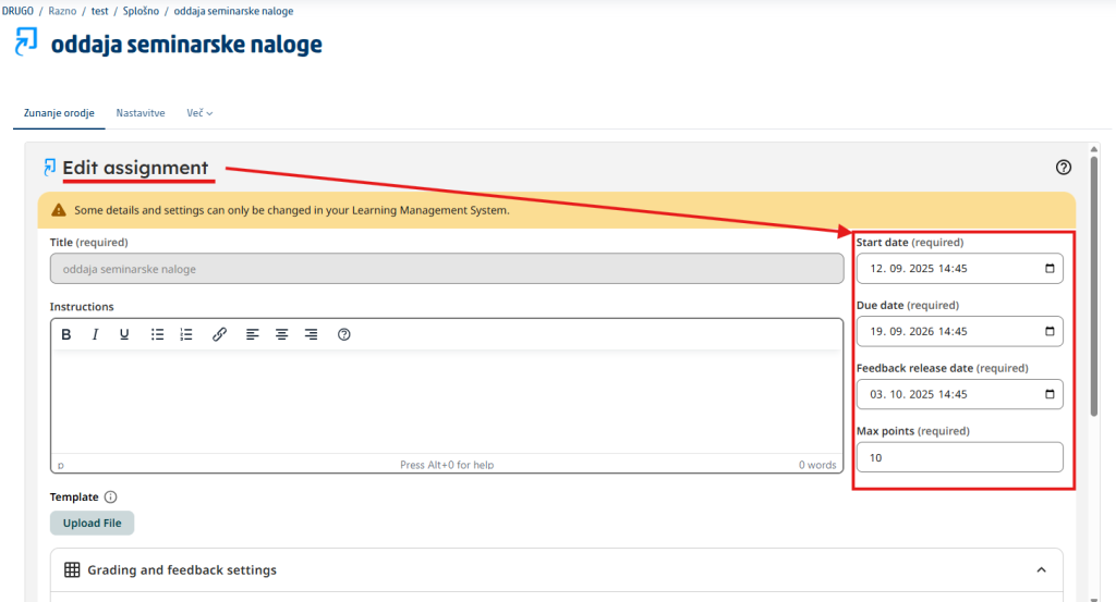 Open assignment settings window in Turnitin