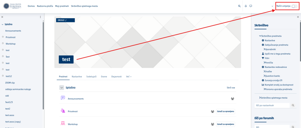 Edit mode toggle in a Moodle course