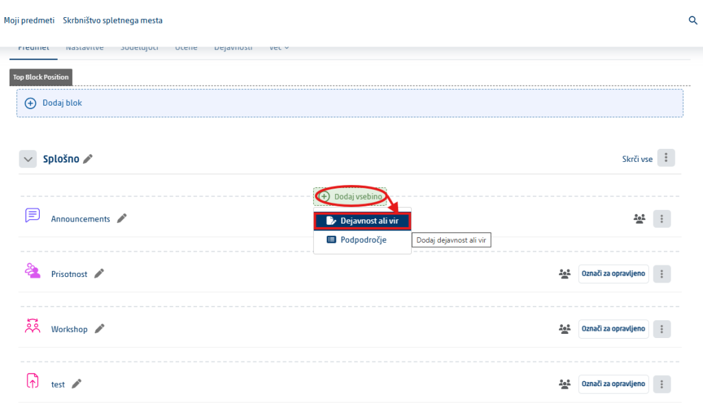 Add an activity or resource link in a course section