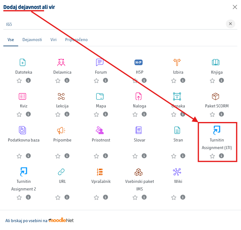 Activity chooser with the Turnitin option