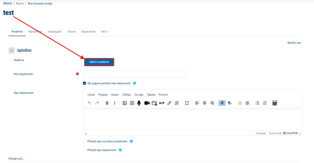 Select content button in the external tool settings