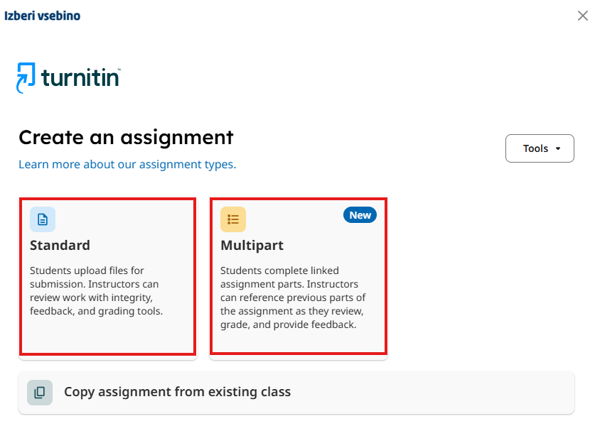List of available assignment types in Turnitin