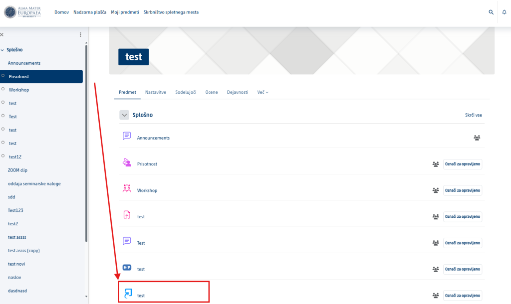 Dejavnost Turnitin v poglavju spletne učilnice