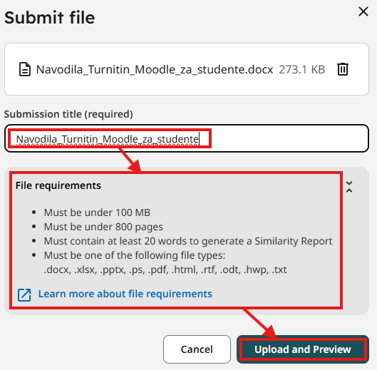 Izbrana datoteka z gumbom Upload and Preview