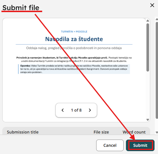 Predogled oddaje z gumbom Submit