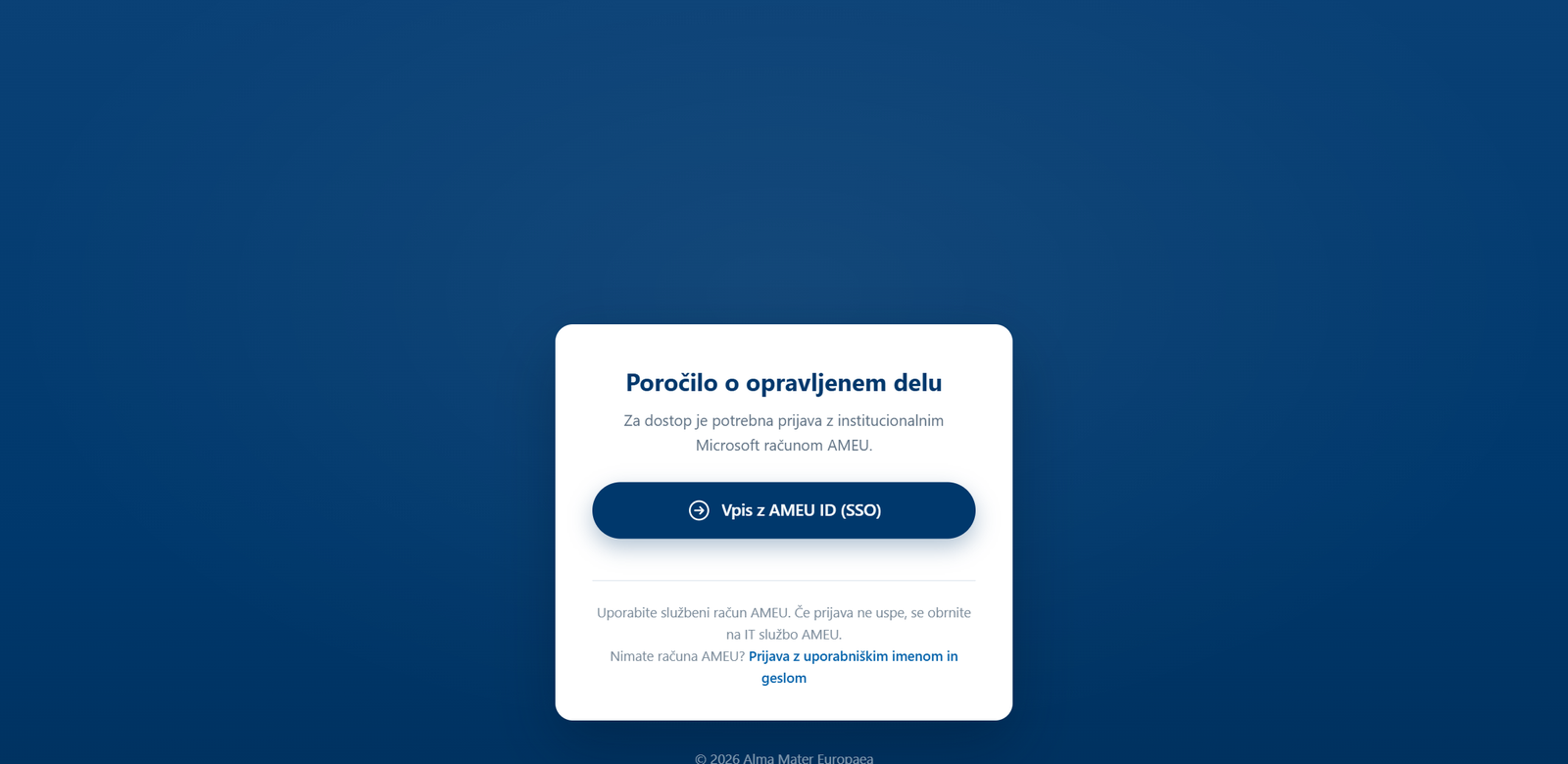 Prijavna stran report.almamater.si z gumbom Vpis z AMEU ID (SSO)