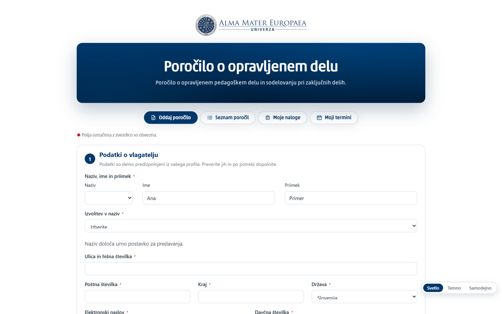 Vrh obrazca z navigacijskimi gumbi in sklopom Podatki o vlagatelju