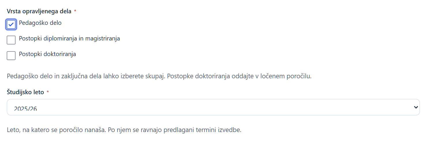 Sklop Vrsta opravljenega dela z označenim pedagoškim delom in izbirnikom študijskega leta