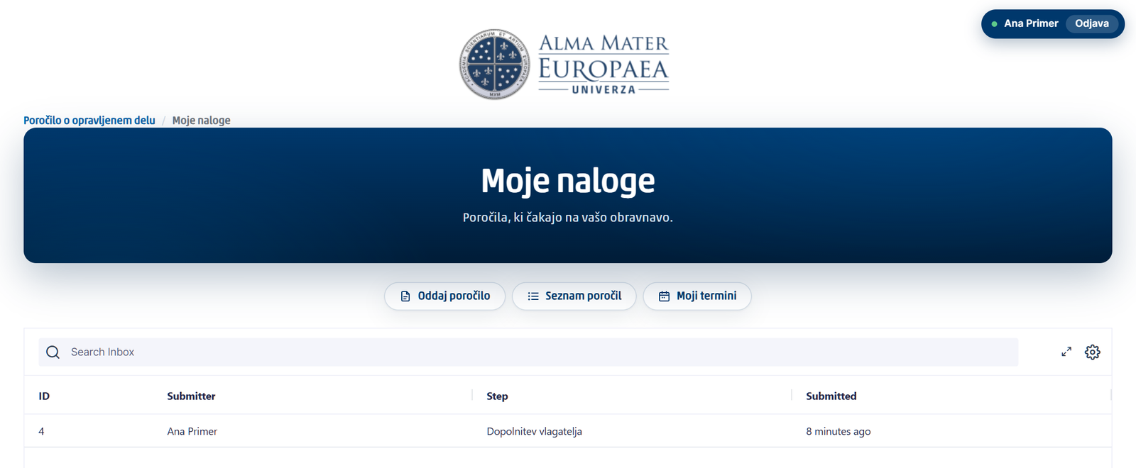 Stran Moje naloge s poročilom na koraku Dopolnitev vlagatelja