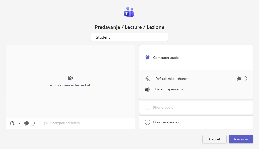 Screen before joining a meeting in the browser