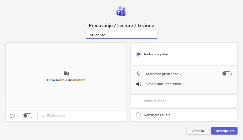 Schermata precedente alla partecipazione alla riunione nel browser