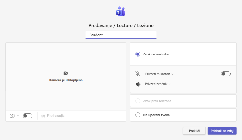 Zaslon pred pridružitvijo srečanju v brskalniku