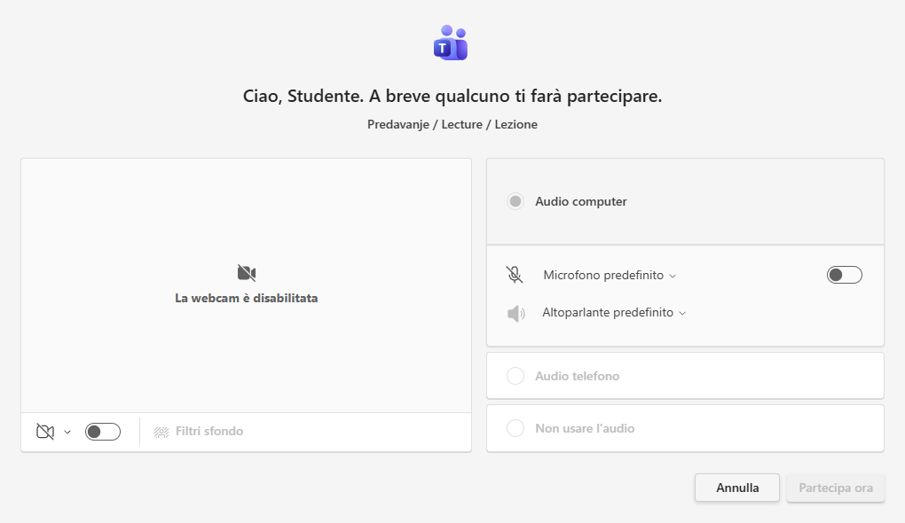 Sala di attesa della riunione in Teams con l'avviso che si è in coda