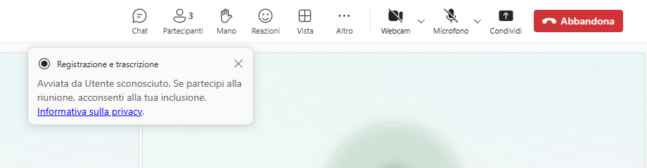 Avviso di avvio della registrazione in una riunione Teams