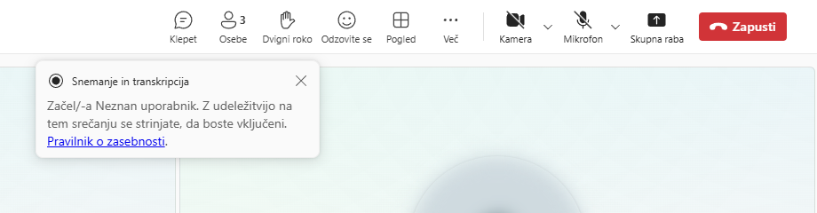 Obvestilo o začetku snemanja v srečanju Teams