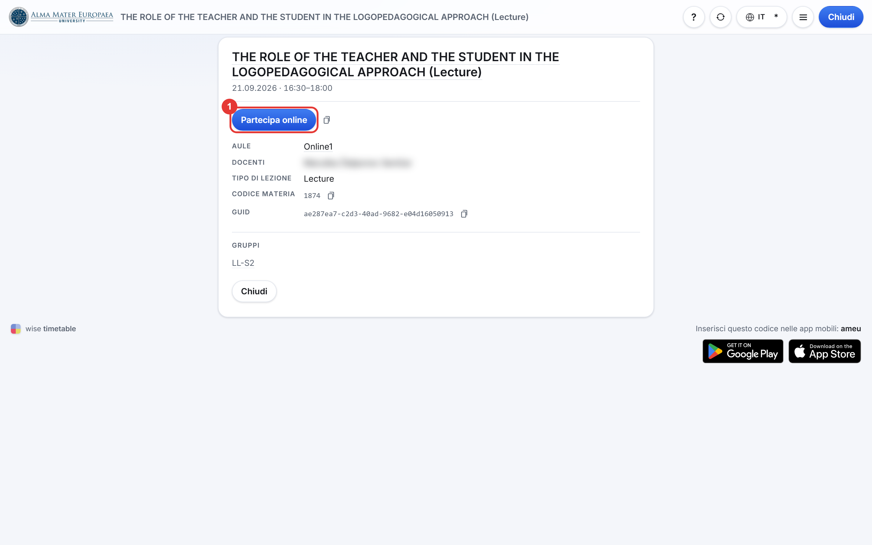 Finestra dell'attività con il pulsante Partecipa online
