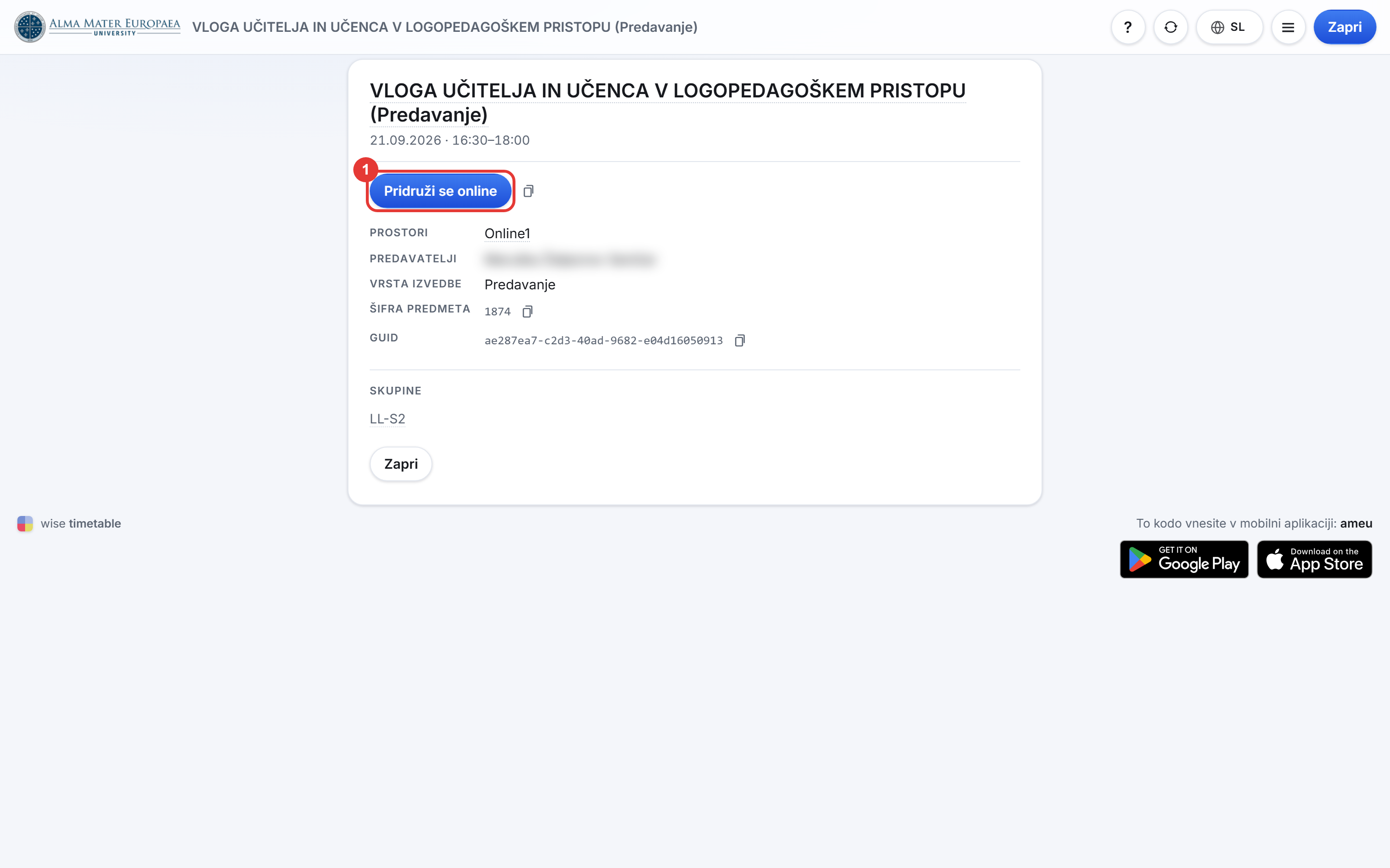 Okno aktivnosti z gumbom Pridruži se online