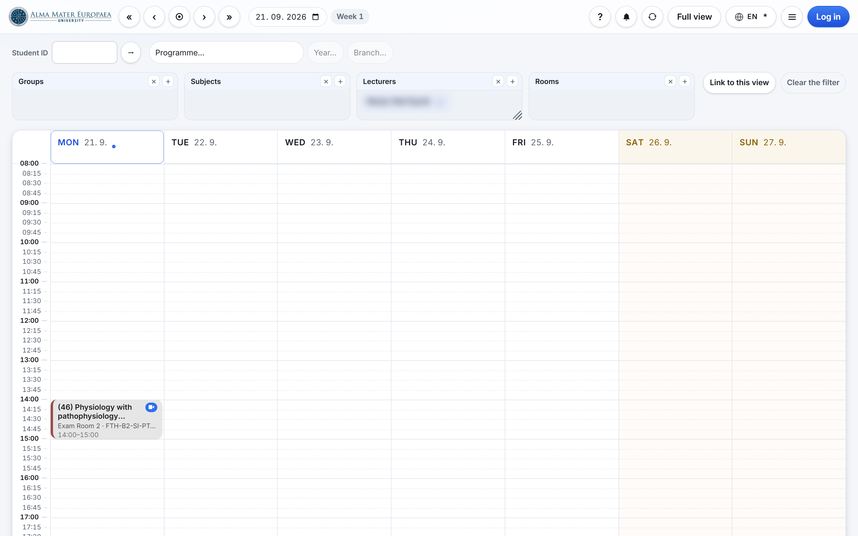 The lecturer's personal timetable with the weekly overview of activities