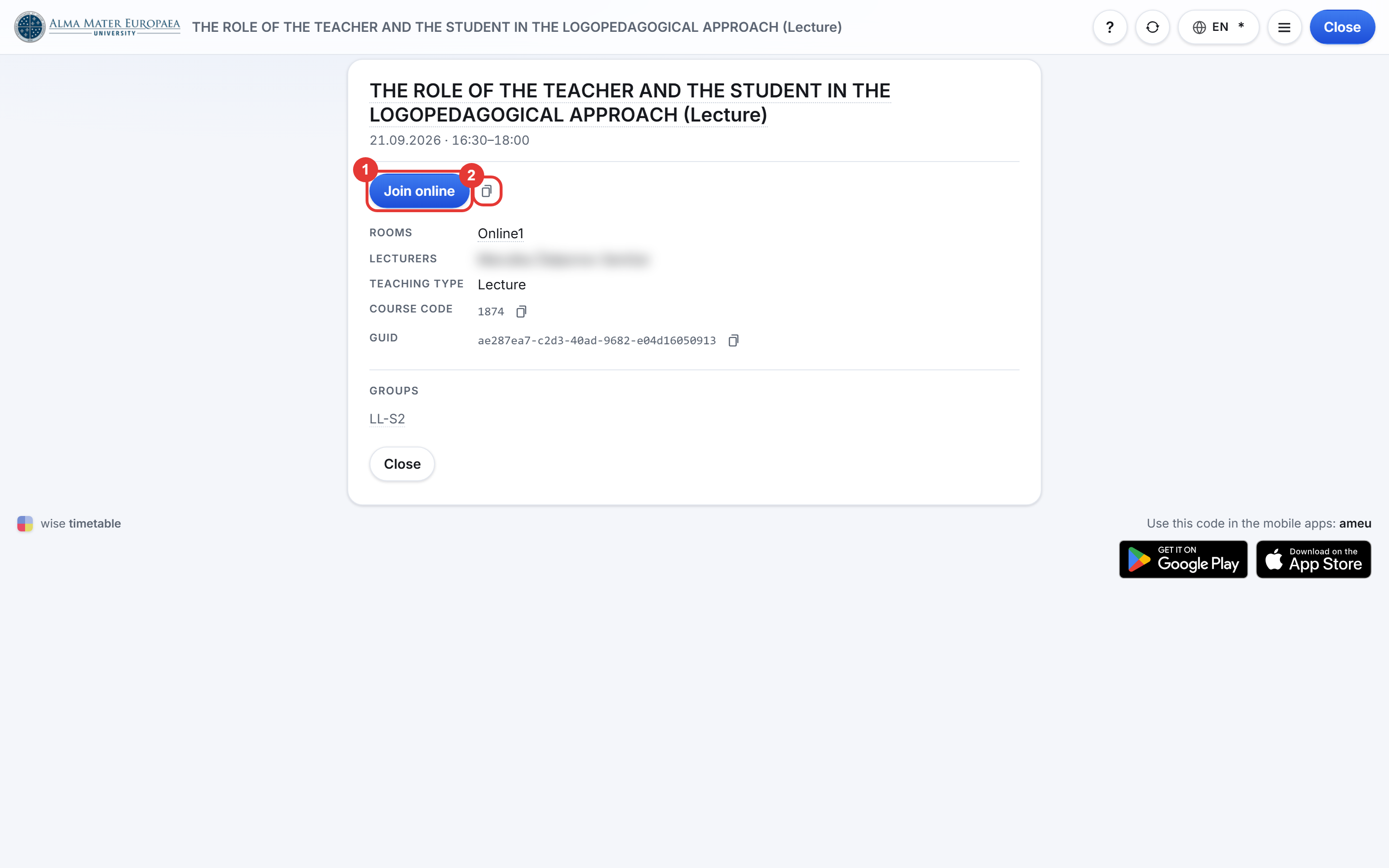 Activity page with the Join online button and the Copy button