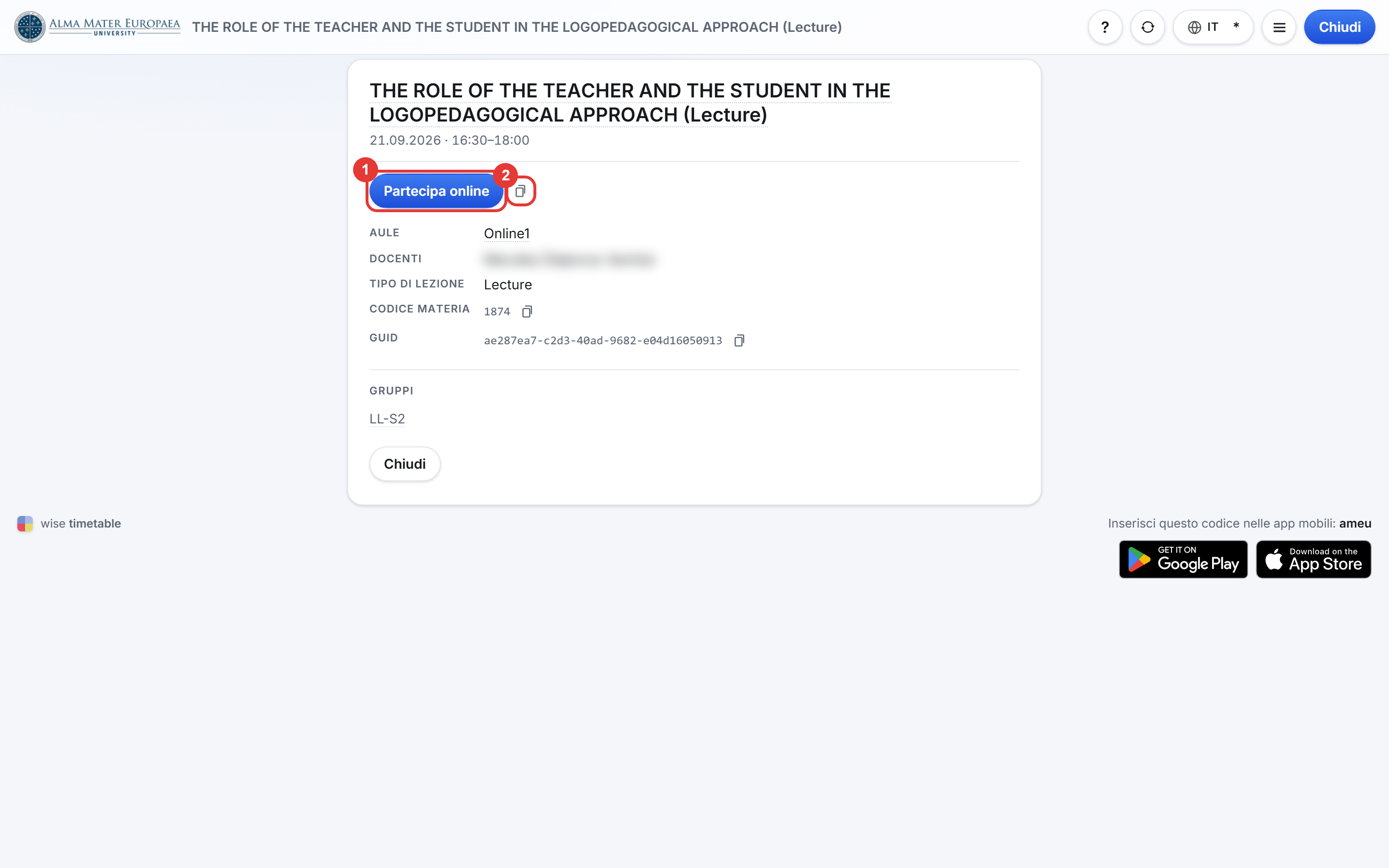 Pagina dell'attività con il pulsante Partecipa online e il pulsante Copia