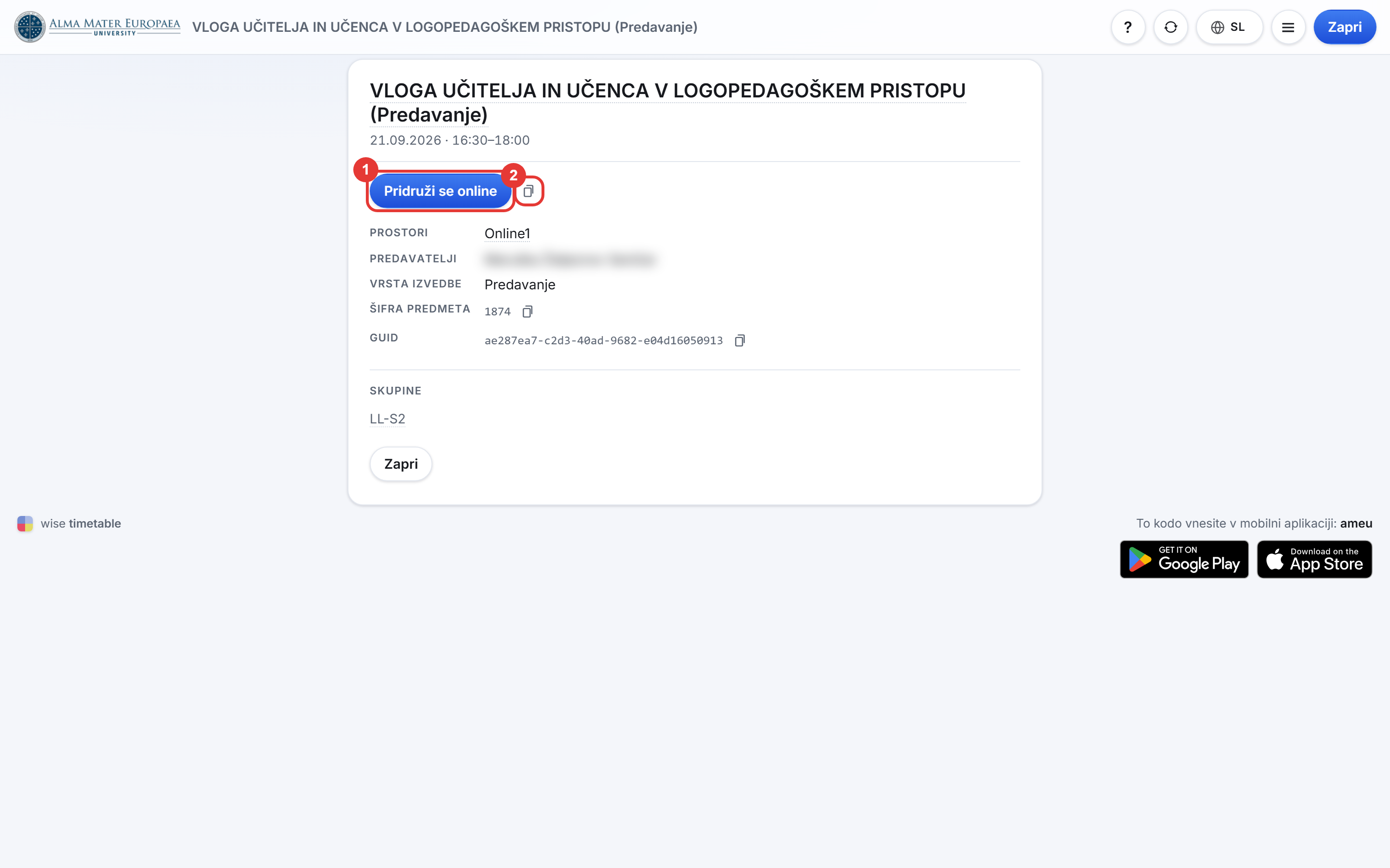 Stran aktivnosti z gumbom Pridruži se online in gumbom Kopiraj